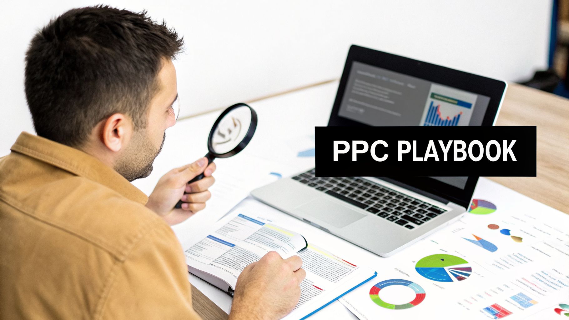Man analyzing documents with a magnifying glass, laptop, and charts, with 'PPC Playbook' banner.