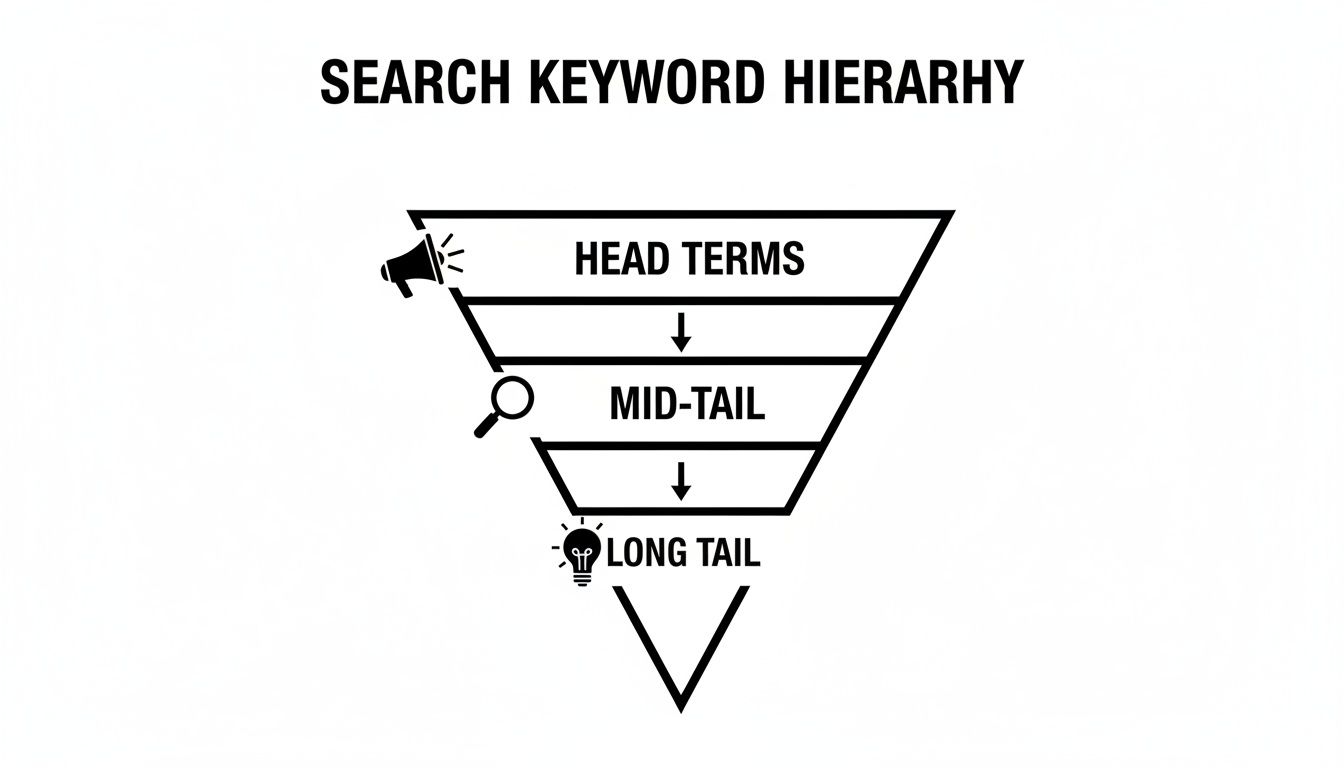 A visual hierarchy funnel illustrating search keywords from head terms to mid-tail and long tail.