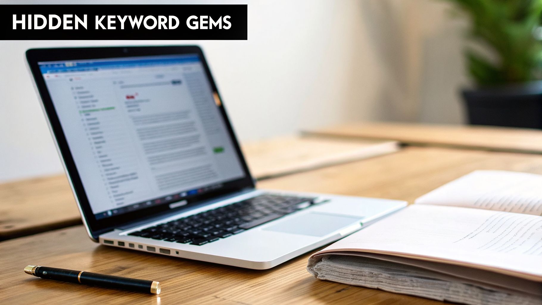 A laptop, pen, and open book on a wooden desk with a 'HIDDEN KEYWORD GEMS' banner.