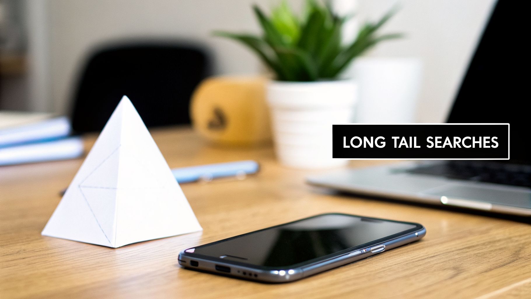 An office desk setup with a smartphone, paper pyramid, laptop, and plant. Text reads 'LONG TAIL SEARCHES'.