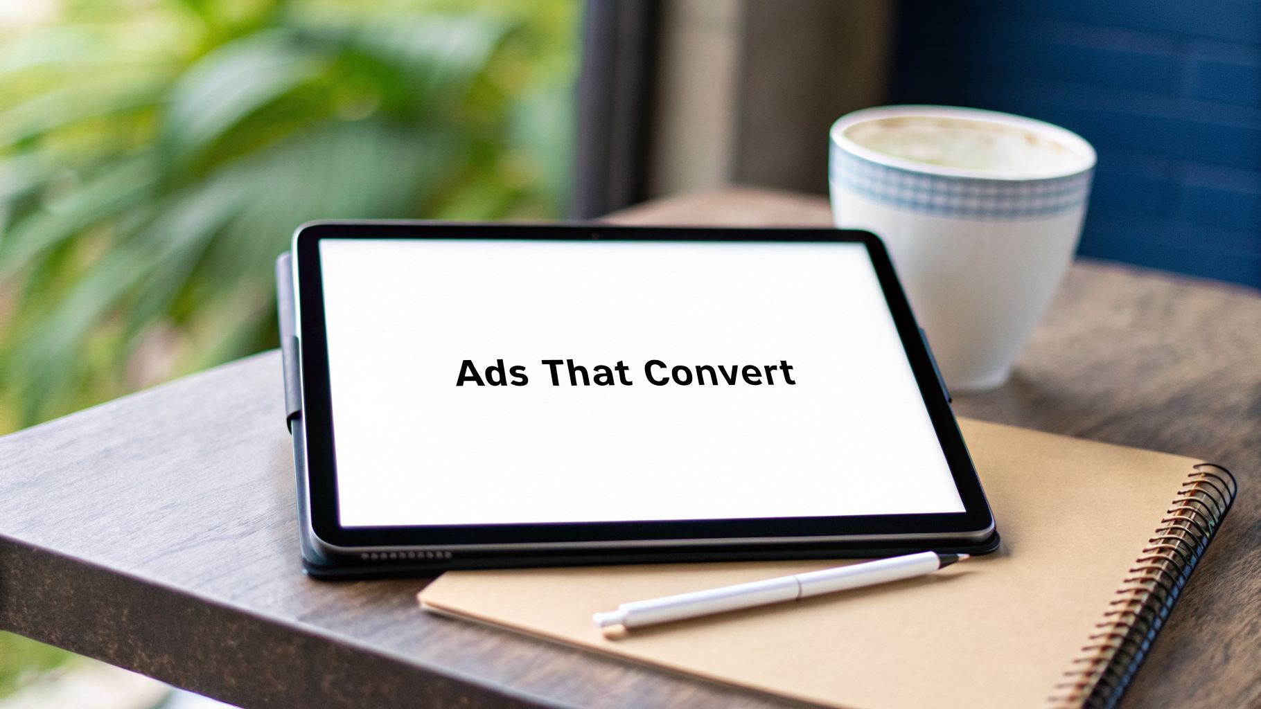A tablet on a wooden table displays 'Ads That Convert' next to a notebook, pen, and coffee.