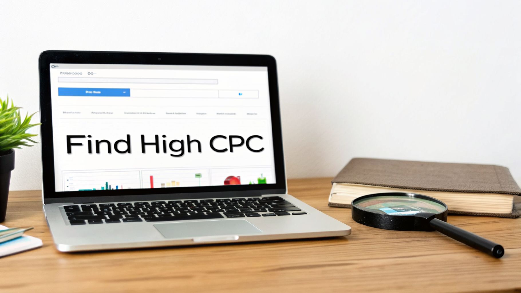 A laptop displaying 'Find High CPC' on its screen, next to a plant, book, and magnifying glass on a wooden desk.