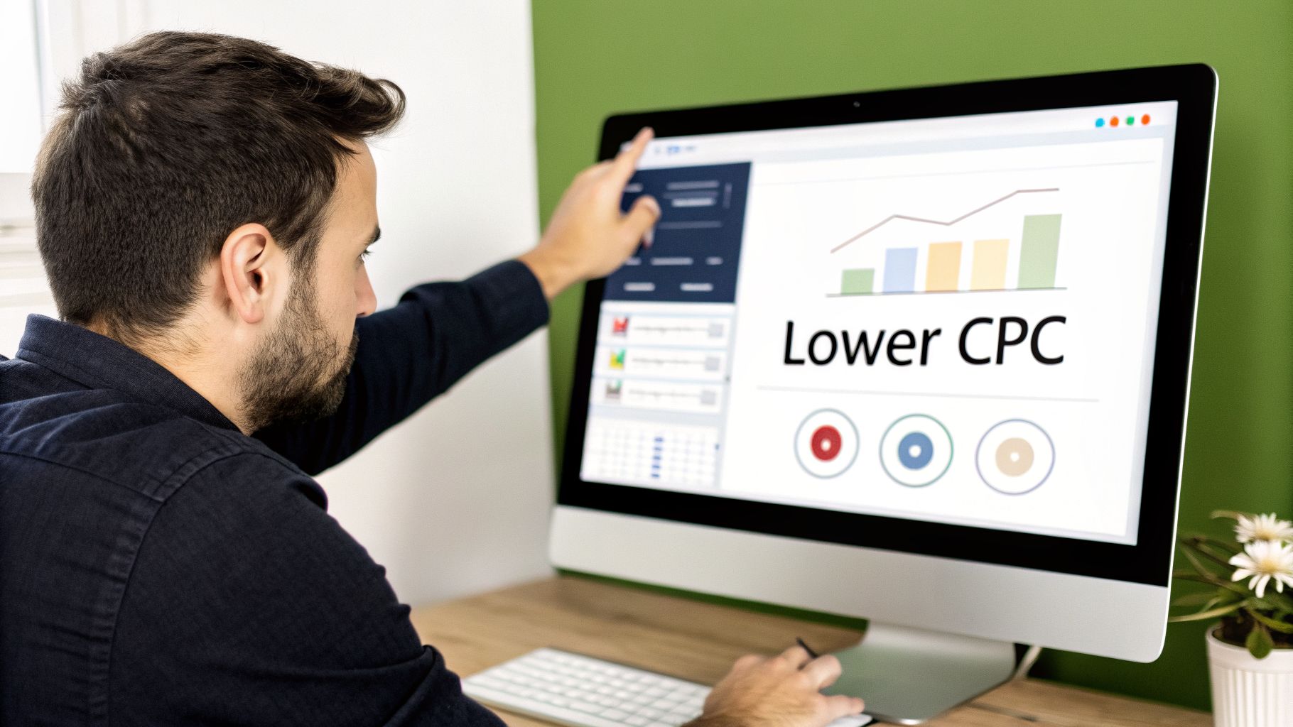 Man pointing at a computer screen displaying 'Lower CPC' with a bar graph and trend line.