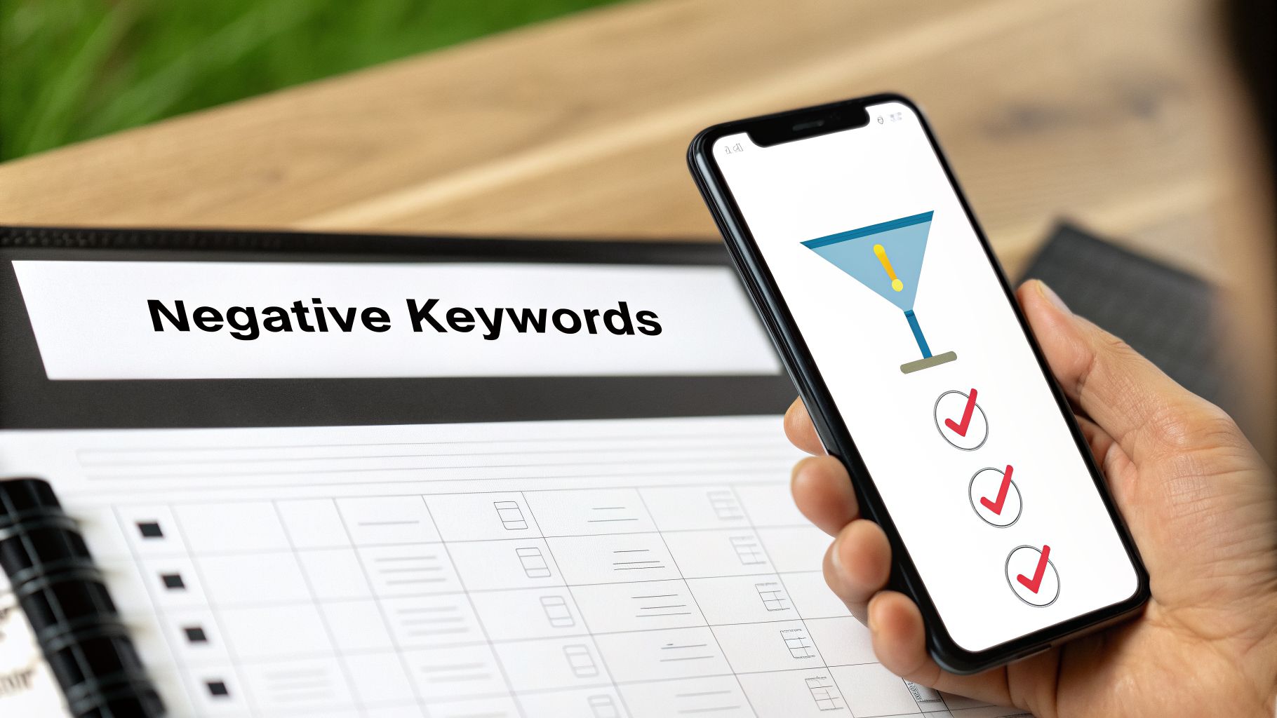 A hand holds a smartphone with a filter icon, next to a document titled 'Negative Keywords'.