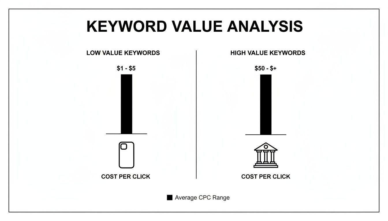 Bar chart comparing low and high-value keywords with average Cost Per Click ranges of $1-$5 and $50+.