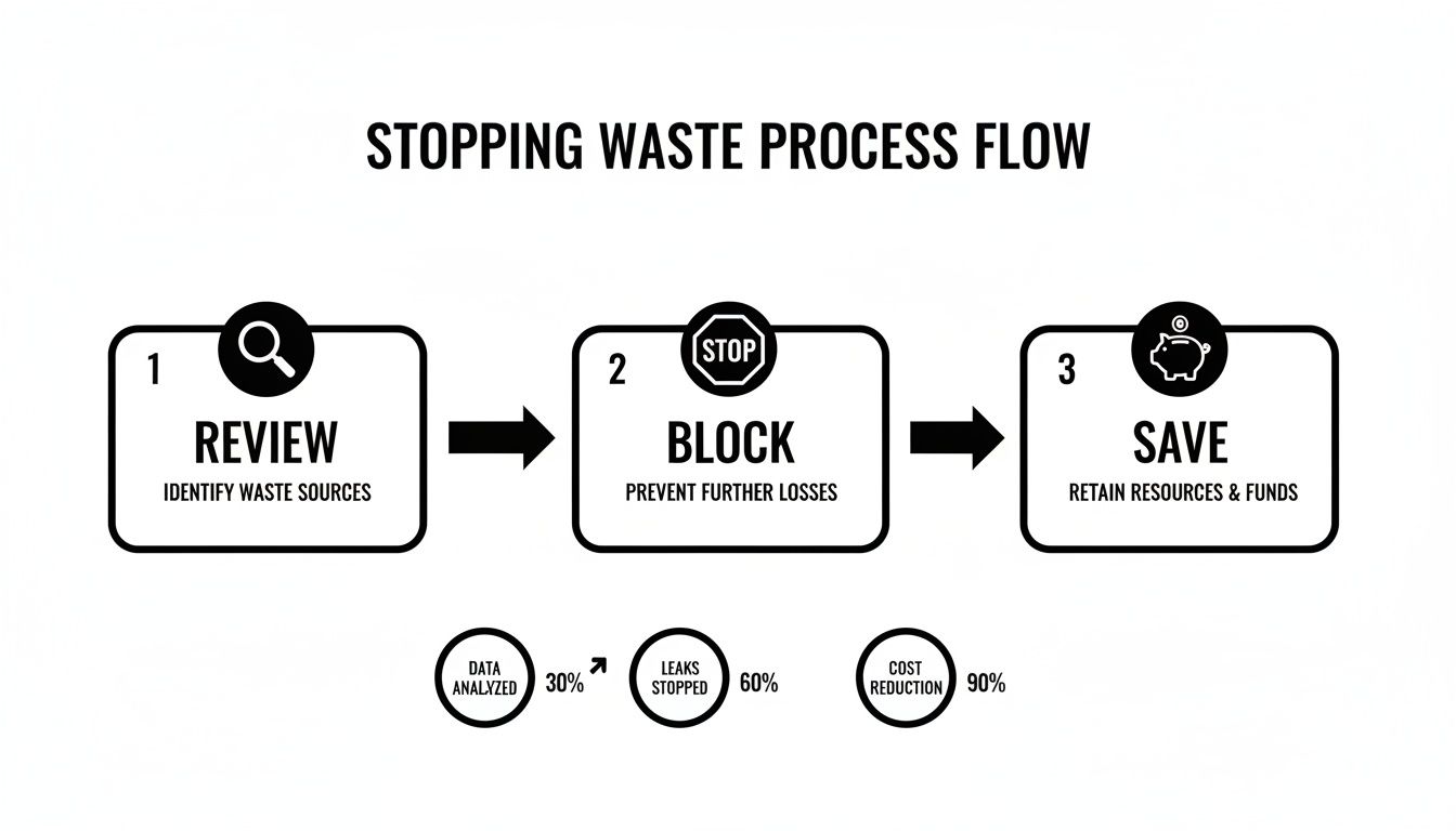 A process flow chart titled 'Stopping Waste' showing Review, Block, Save steps with progress metrics.