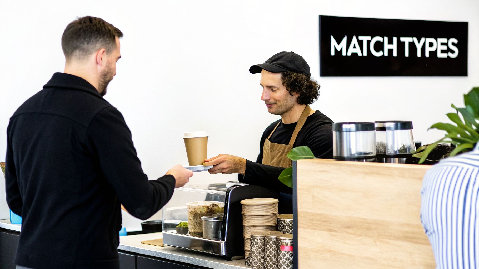A smiling barista in an apron and cap serves a paper coffee cup to a customer in a cafe.