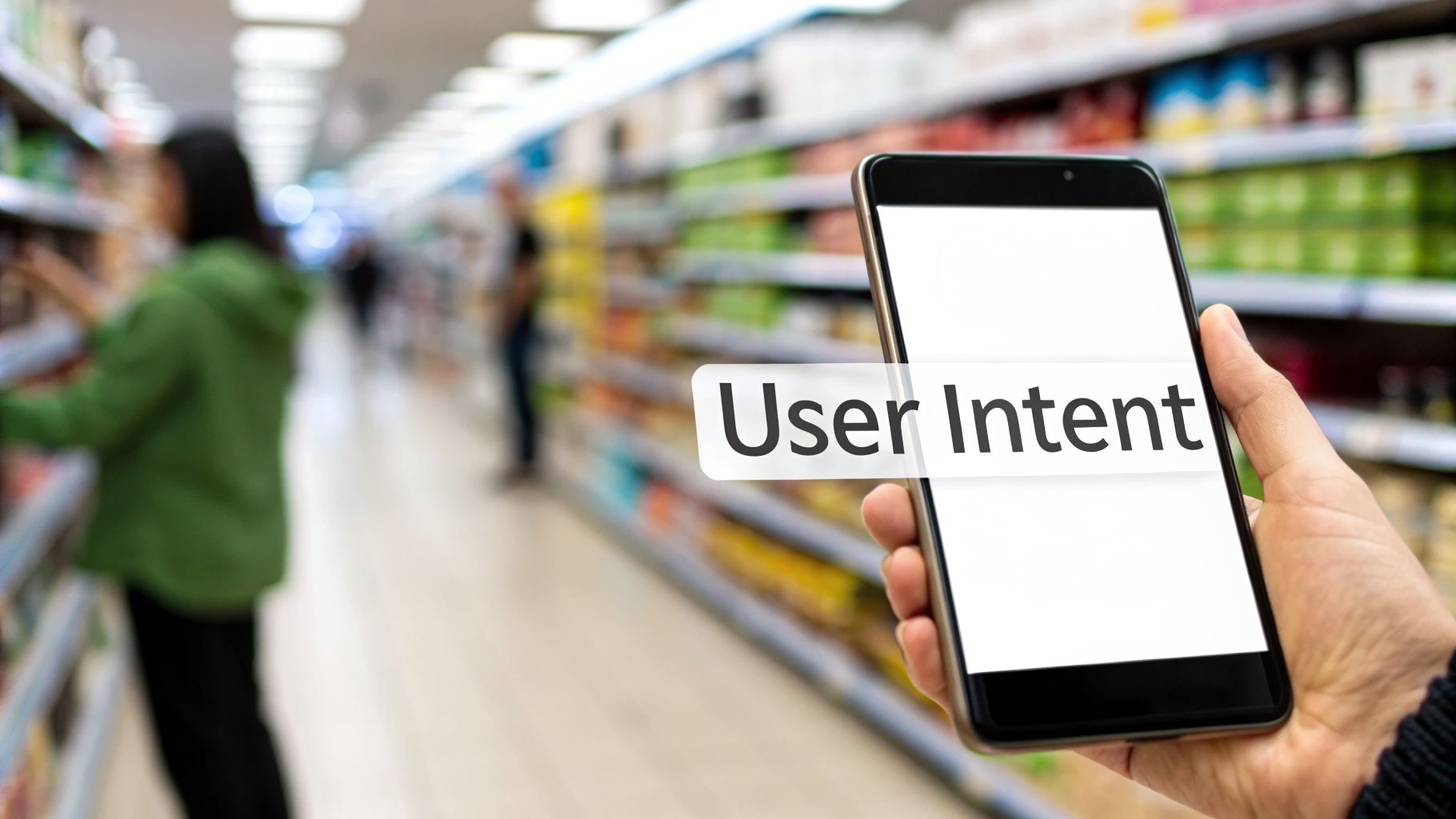 A person holds a smartphone displaying 'User Intent' in a blurry supermarket aisle with shoppers.