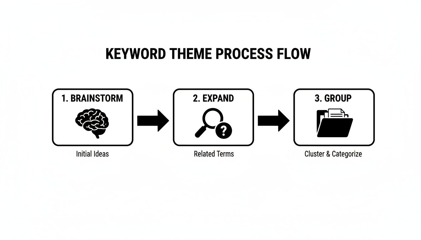 A three-step keyword theme process flow: brainstorm initial ideas, expand related terms, and group them.