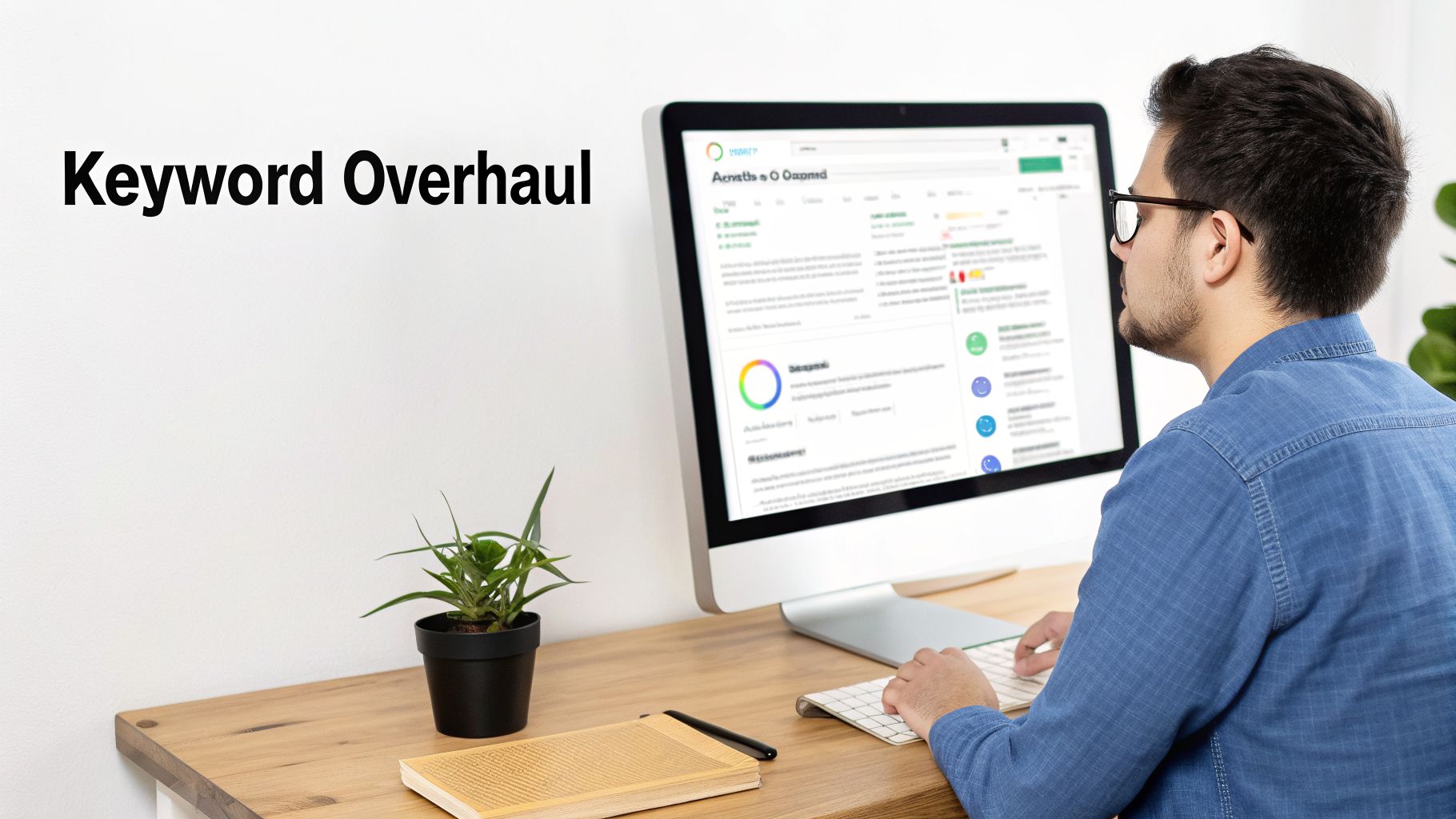 Man with glasses analyzing keyword data on a computer screen, with 'Keyword Overhaul' text.