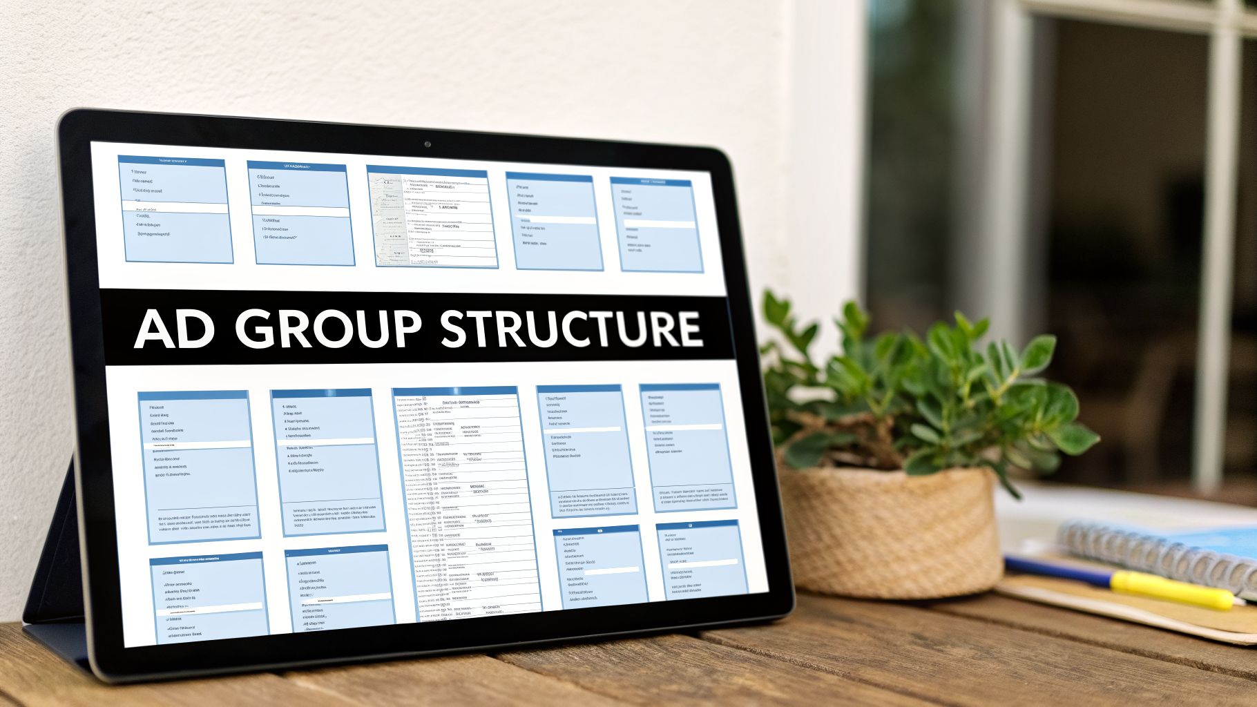 A tablet displaying an 'AD GROUP STRUCTURE' diagram with various text boxes, on a wooden desk.