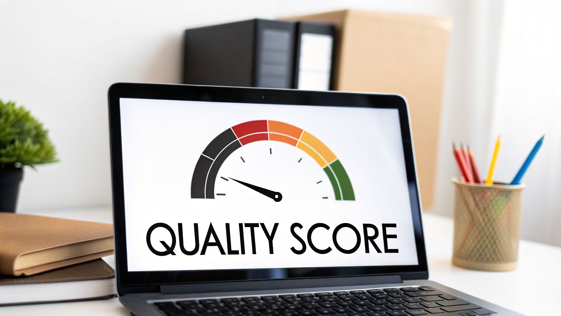 A laptop displays a 'QUALITY SCORE' gauge in red, indicating a low performance score.