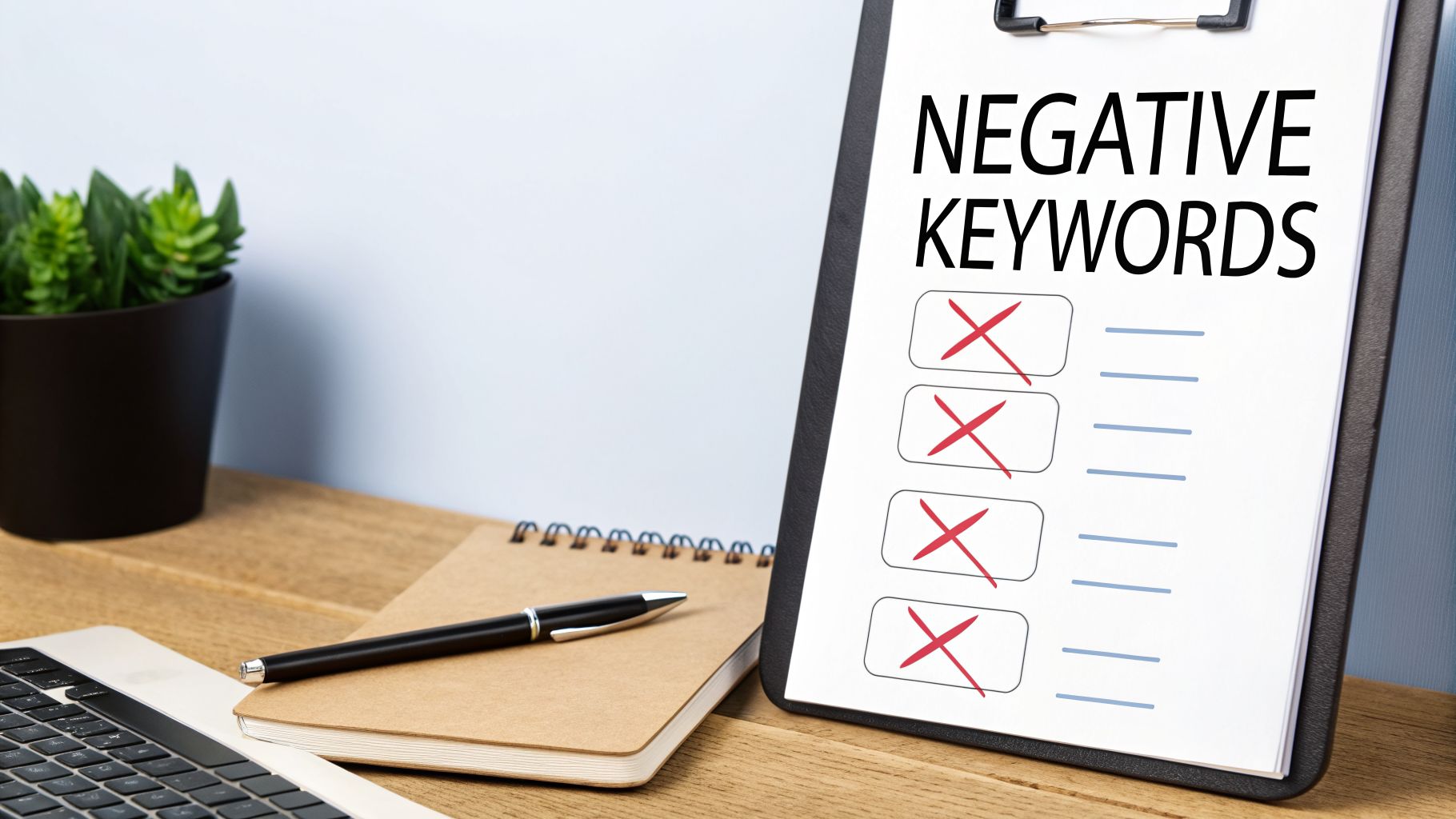 A clipboard with 'NEGATIVE KEYWORDS' written on it, shown on a desk with a laptop and plant.