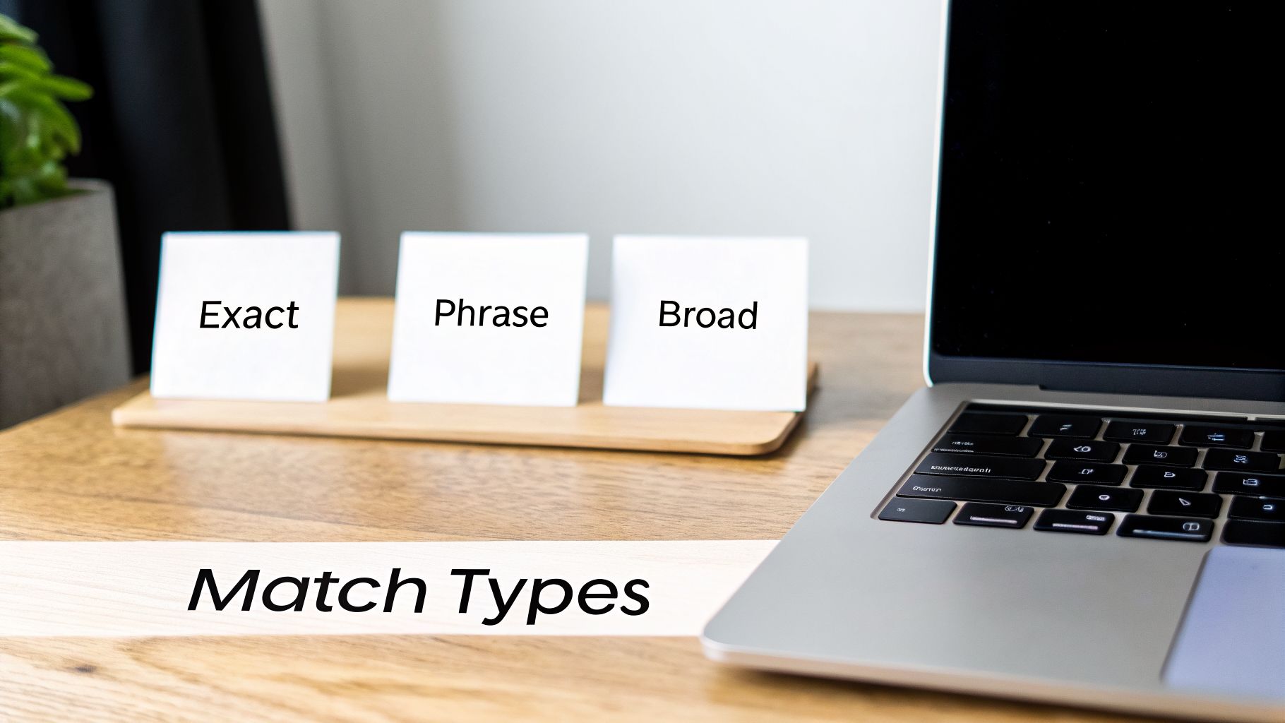 Three white cards labeled Exact, Phrase, Broad on a wooden stand next to a laptop, illustrating match types.
