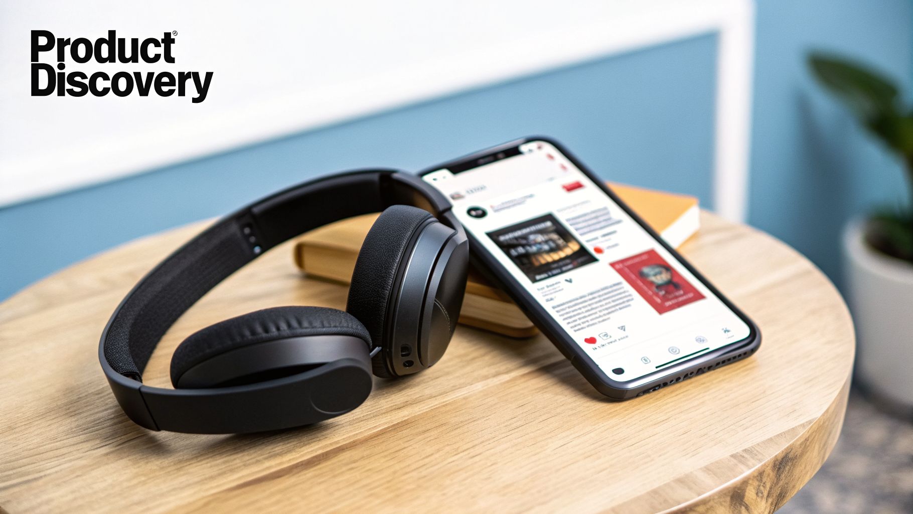 Black headphones and smartphone displaying content on a wooden table, with Product Discovery logo.