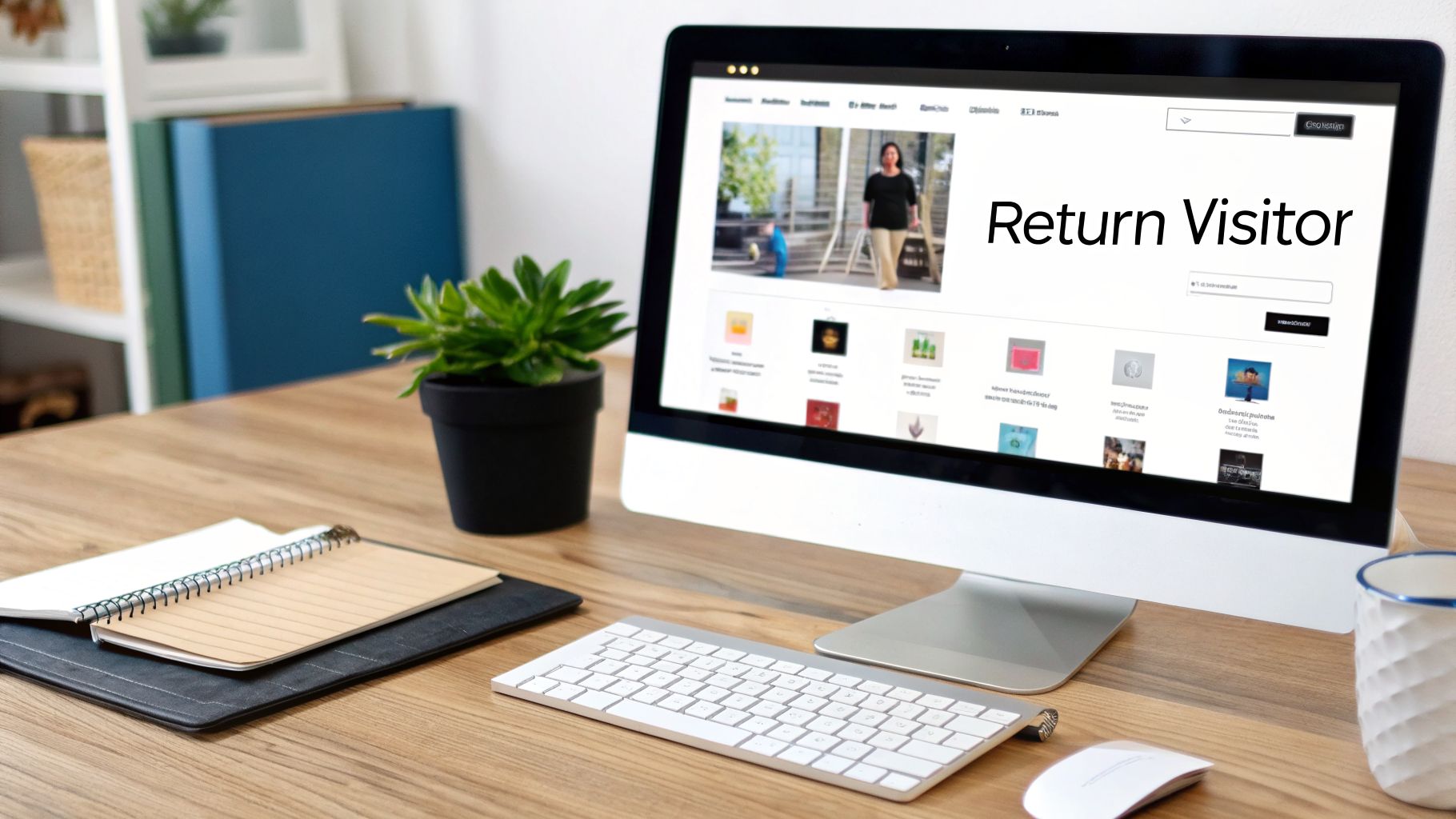 A computer monitor displaying a website with 'Return Visitor' on a wooden desk with office supplies.