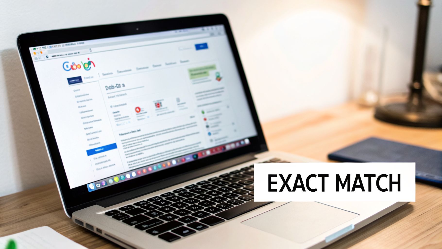 A laptop displaying a search engine results page with a colorful logo and an 'EXACT MATCH' overlay.