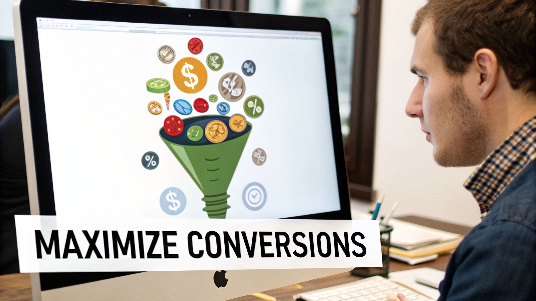A man views a computer screen displaying a conversion funnel graphic with various icons and 'MAXIMIZE CONVERSIONS' text.