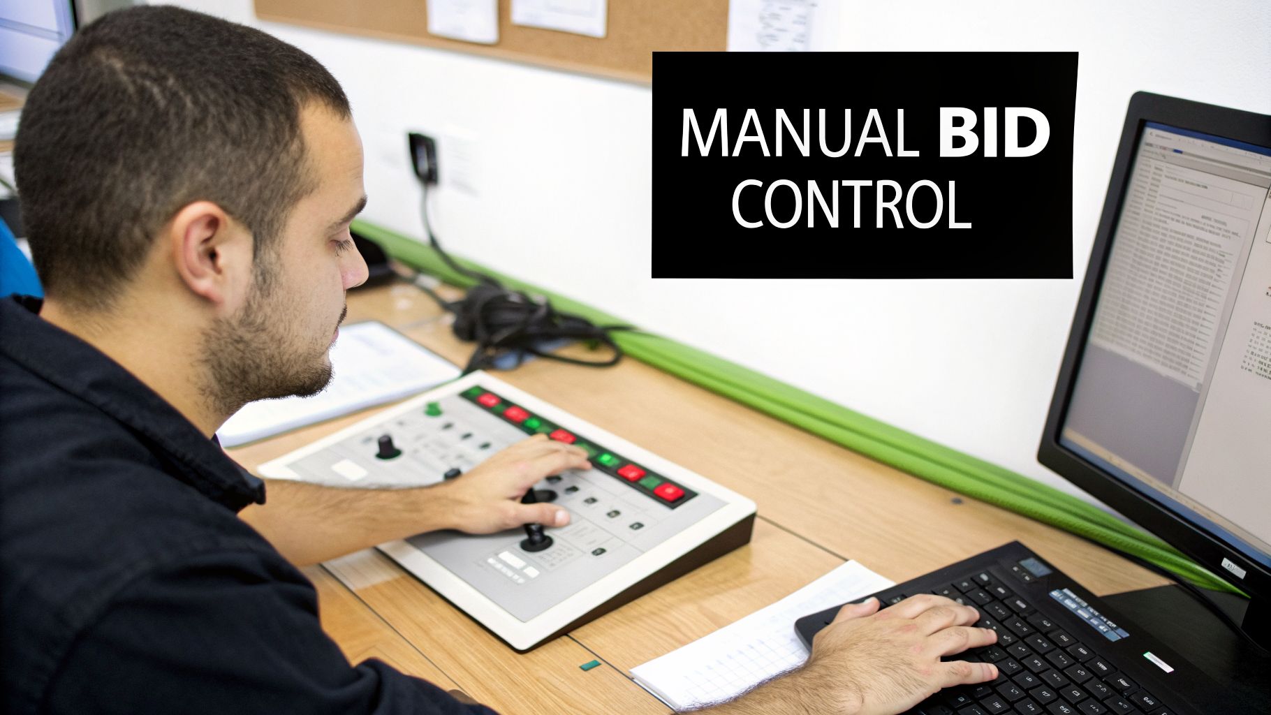 Man manually controlling a system with a control panel and computer, with 'MANUAL BID CONTROL' text visible.