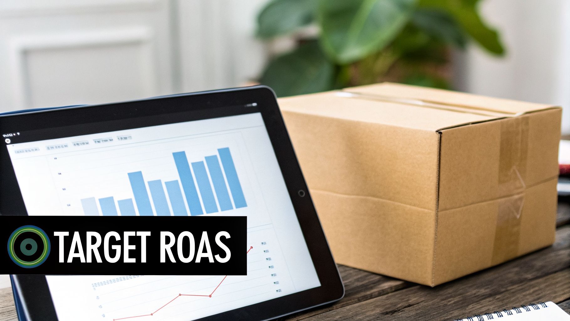 Tablet displaying charts, a shipping box, and 'TARGET ROAS' text on a wooden desk.