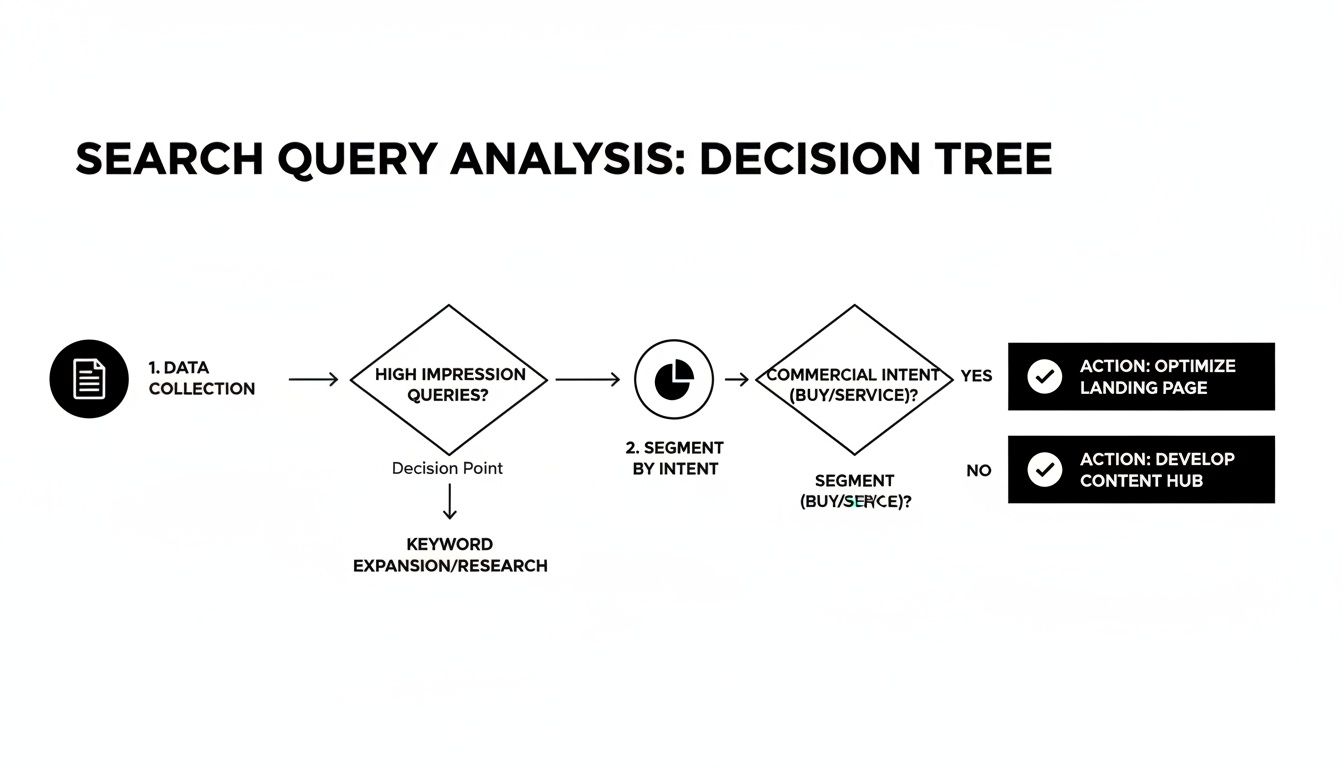 Decision tree for search query analysis, guiding actions based on query impressions and commercial intent.