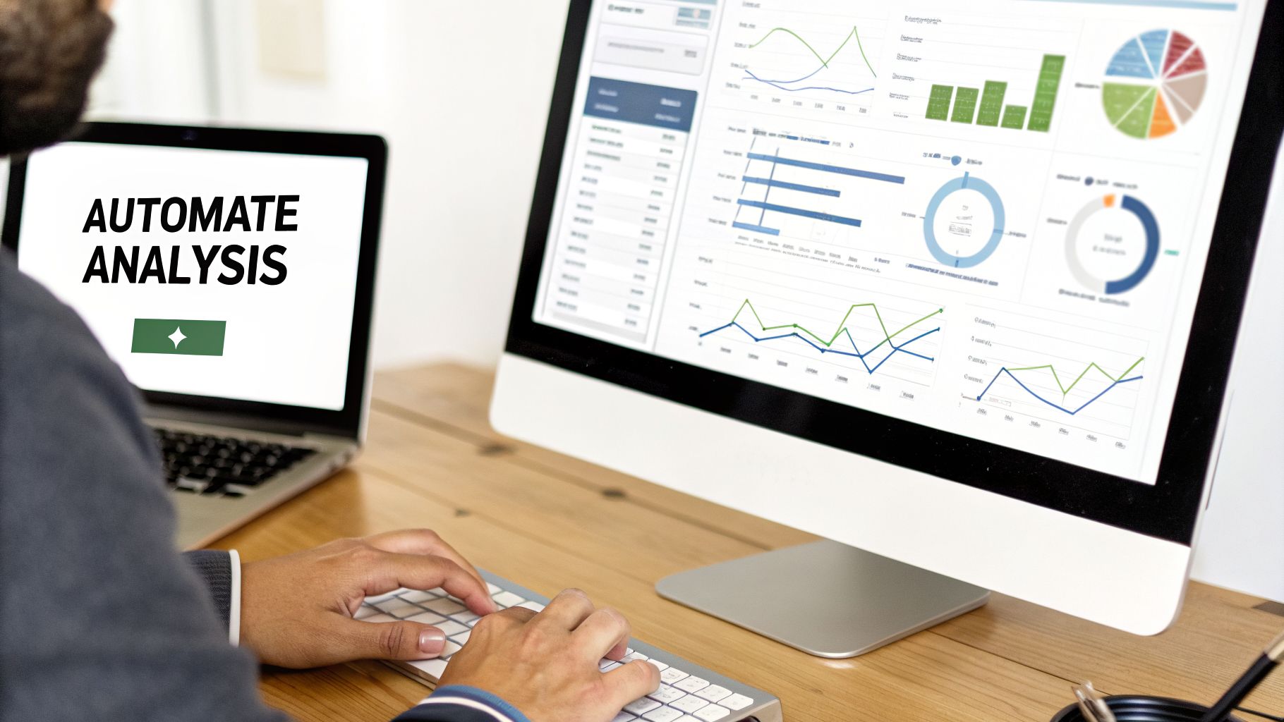 A person works on a laptop displaying 'Automate Analysis' and a desktop with data visualization dashboards.