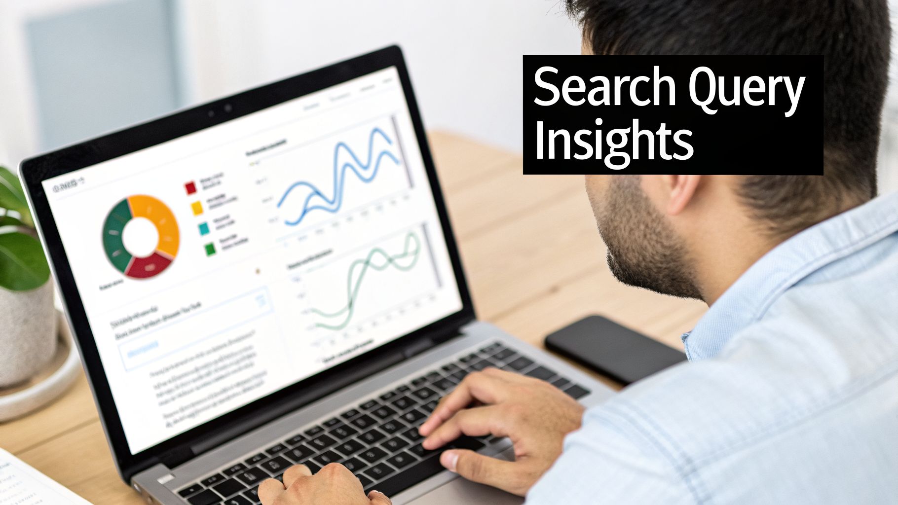 A person analyzes search query insights on a laptop, viewing graphs and charts.