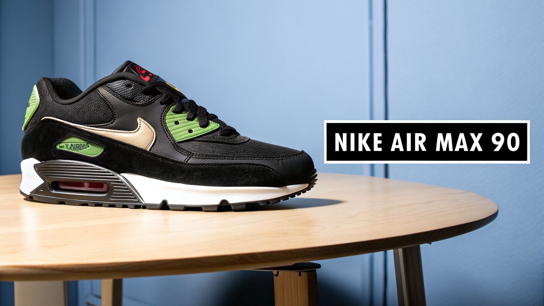 A stylish black Nike Air Max 90 sneaker with vibrant green and gold details rests on a wooden table.
