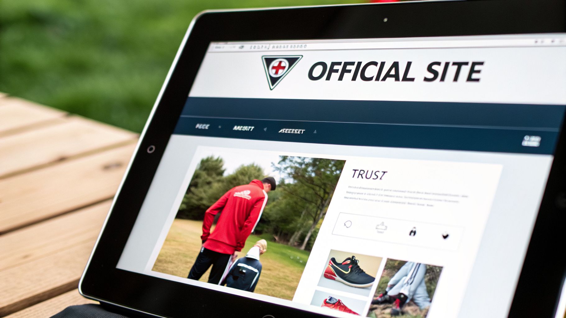 A tablet displays a website with "OFFICIAL SITE" logo, showing an outdoor scene with people and product images.