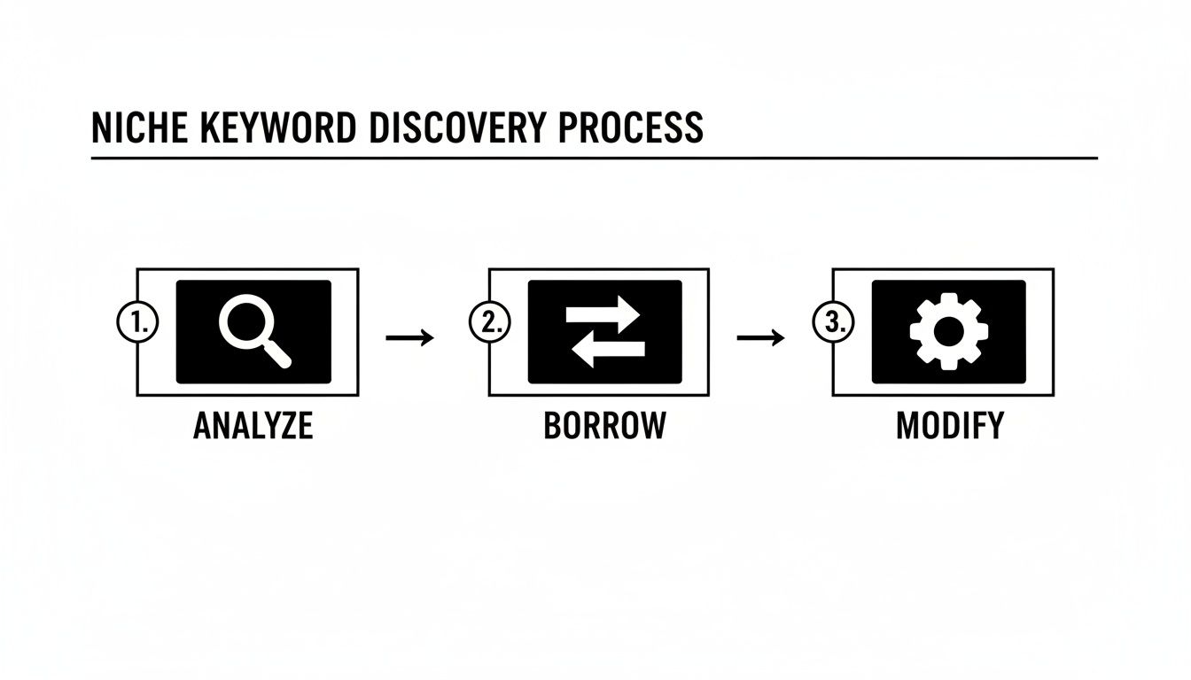 Flowchart illustrating the Niche Keyword Discovery Process with three steps: Analyze, Borrow, and Modify.
