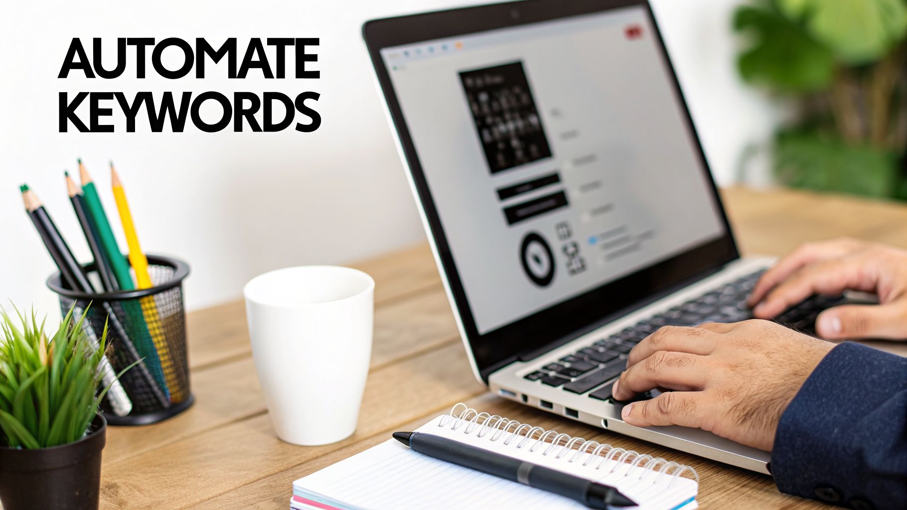 A person types on a laptop next to a cup, notebook, and pencils, with 'AUTOMATE KEYWORDS' displayed.