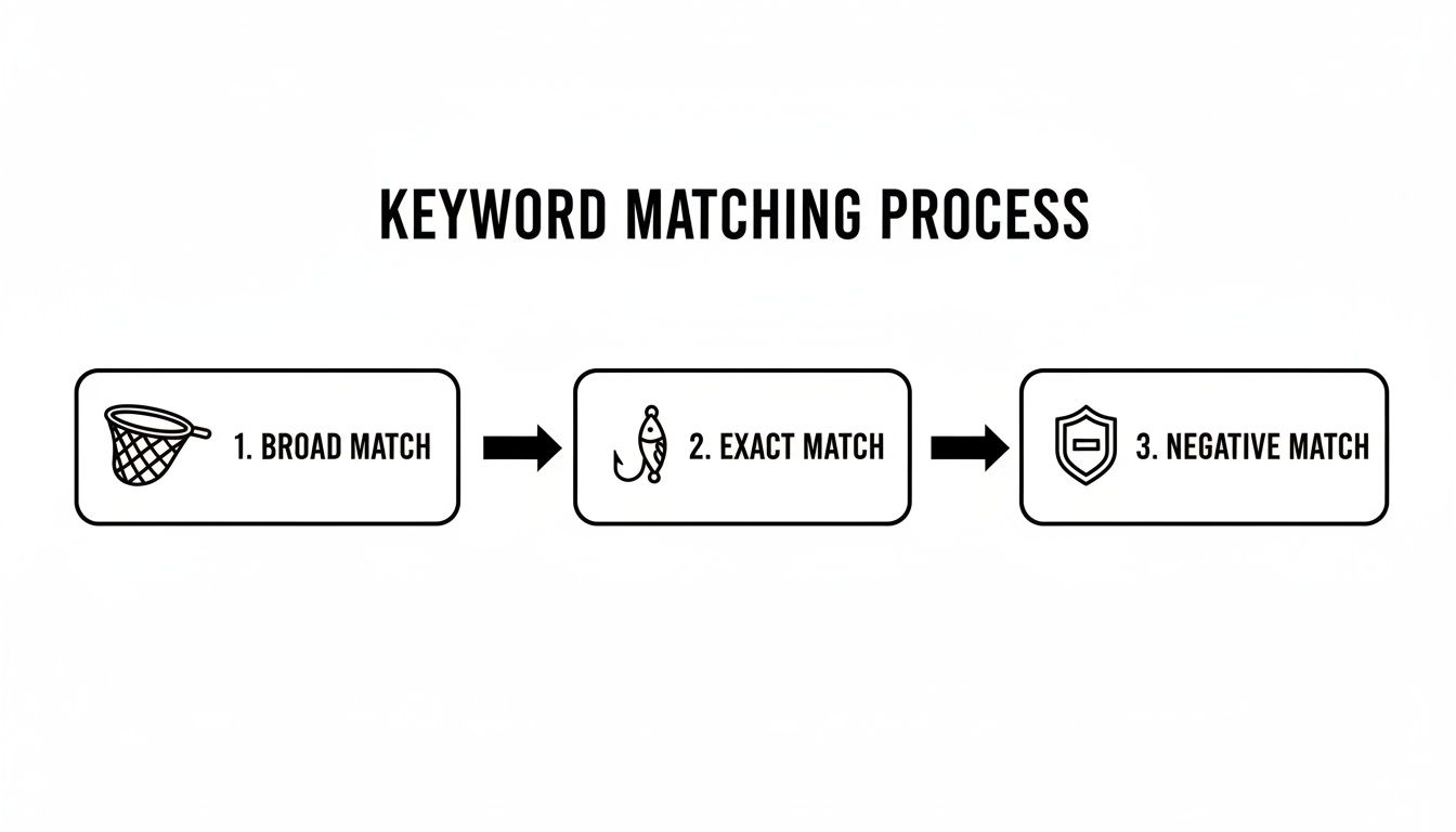 A flowchart illustrating the keyword matching process, including broad, exact, and negative match types.