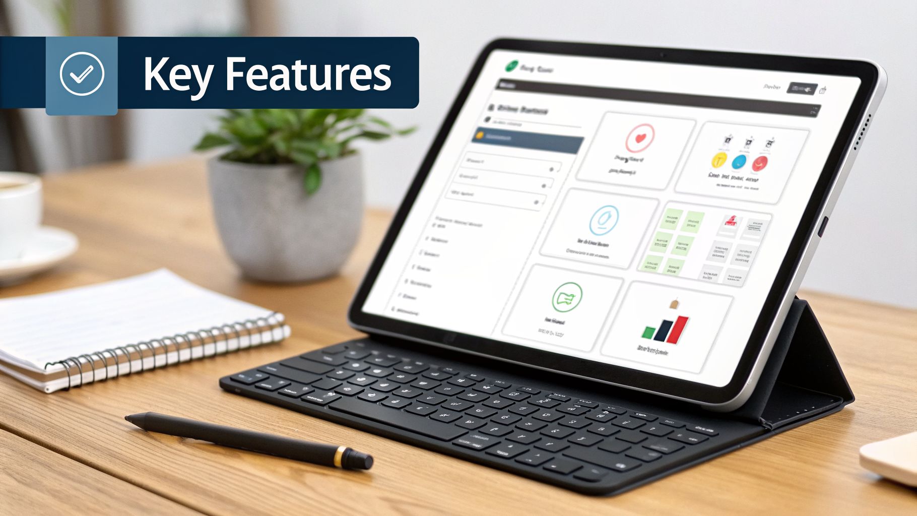 An iPad with a keyboard displays a software dashboard, next to a notebook, pen, and coffee.