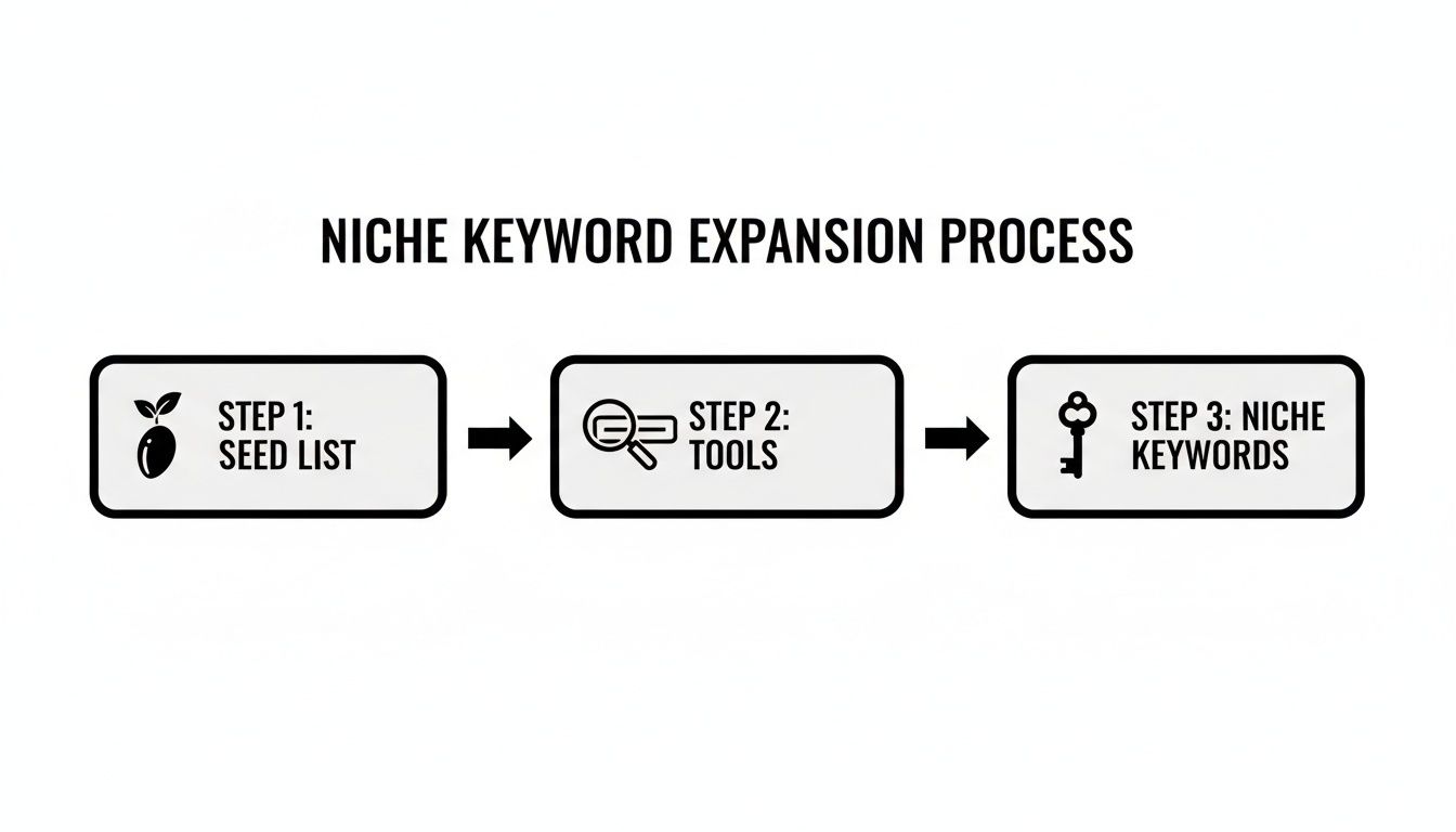 Flowchart showing the niche keyword expansion process with steps: seed list, tools, and niche keywords.