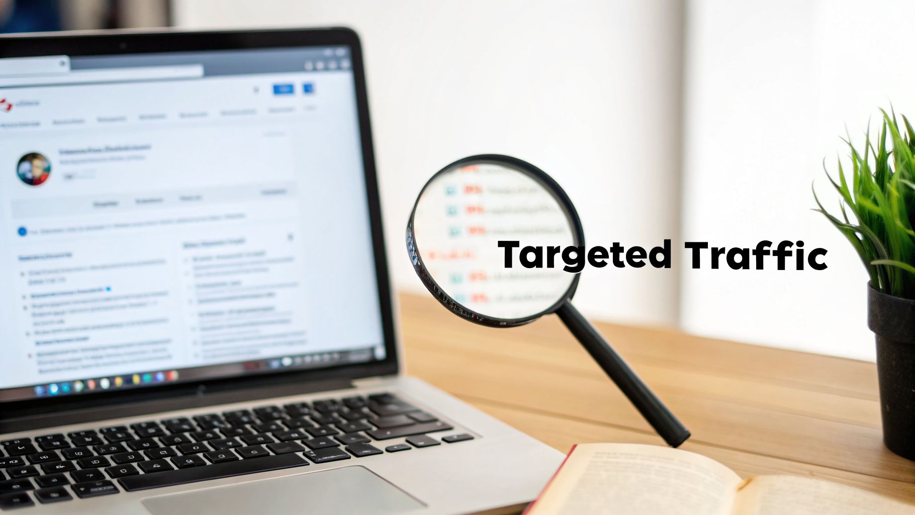 Laptop screen with a website and a magnifying glass emphasizing 'Targeted Traffic' on a desk.