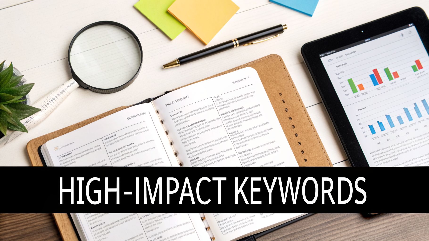 Flat lay of a workspace with a notebook, pen, magnifying glass, tablet, and 'HIGH-IMPACT KEYWORDS' text.