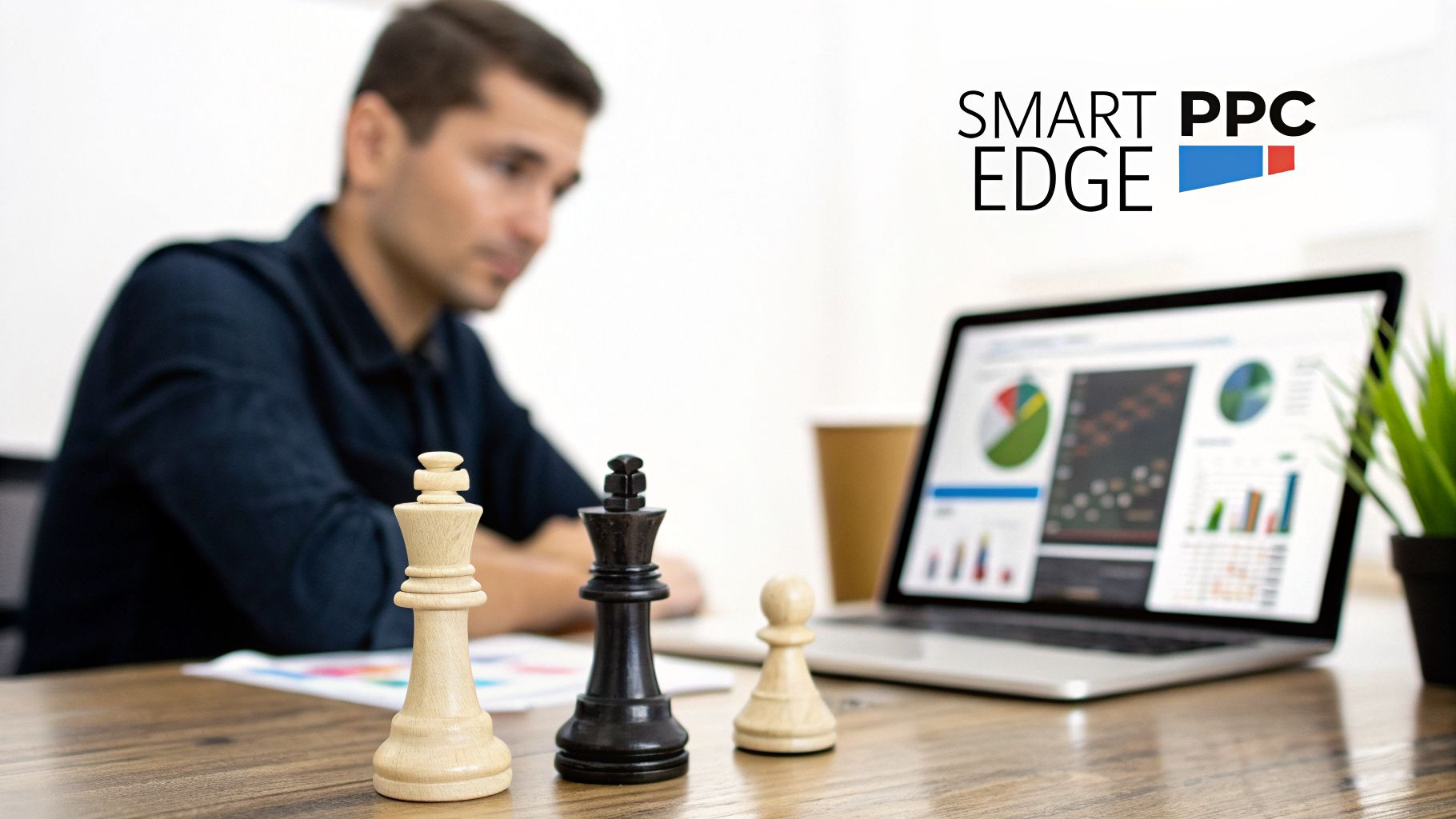 Chess pieces on a desk with a man reviewing data analytics on a laptop.