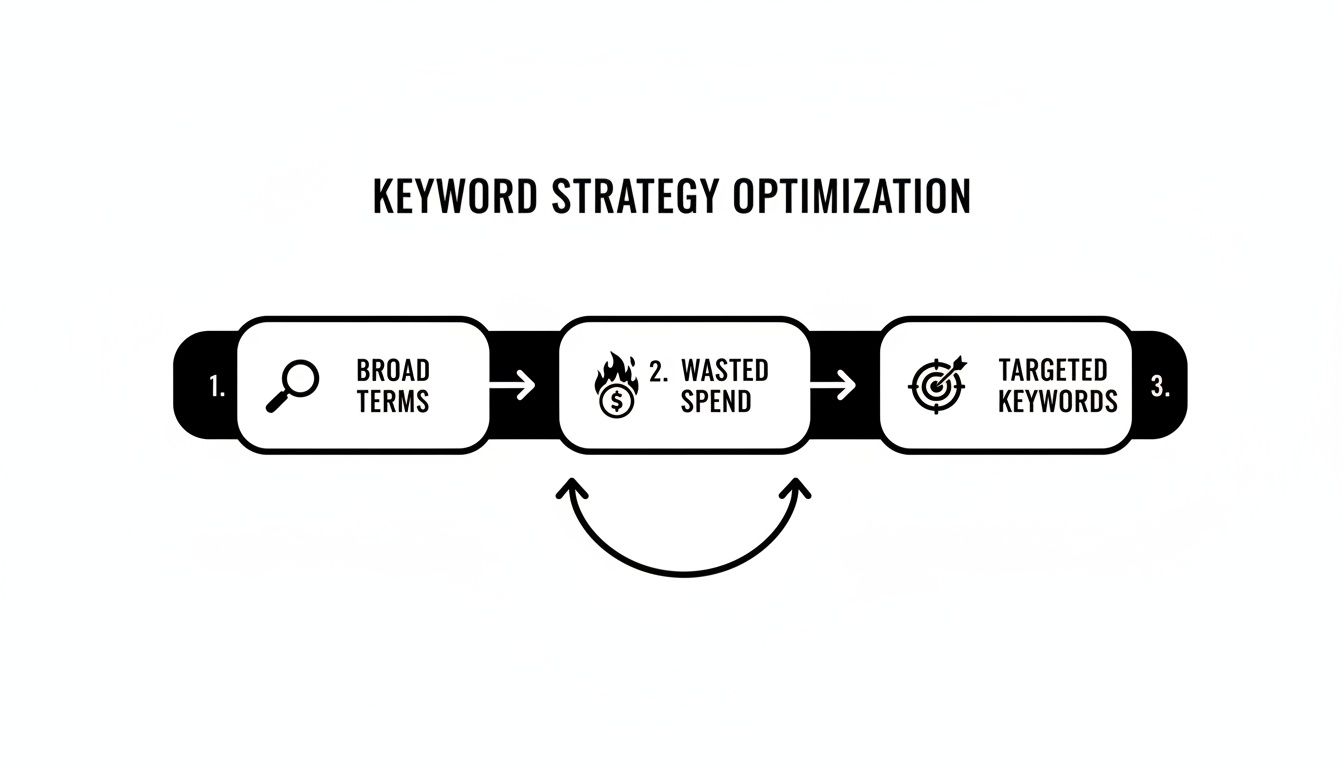 Infographic showing keyword strategy optimization from broad terms to targeted keywords, reducing wasted spend.