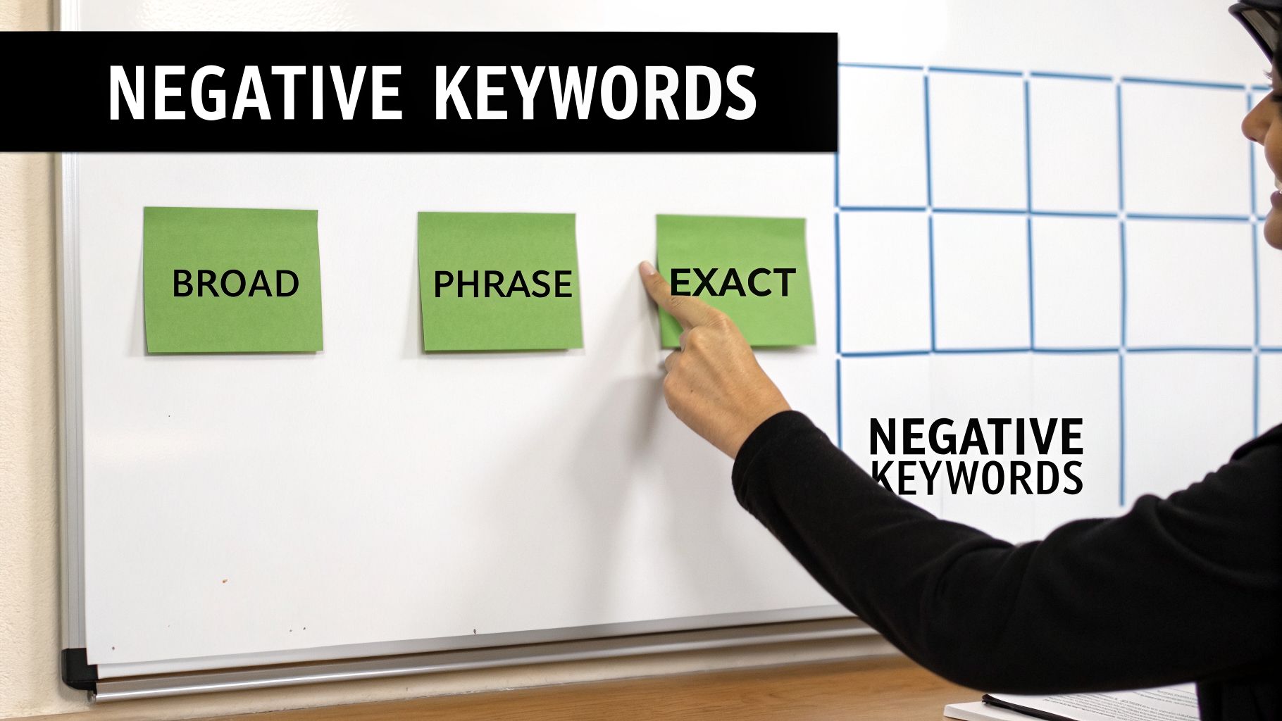 Whiteboard showing 'Negative Keywords' with sticky notes for Broad, Phrase, and Exact matches.