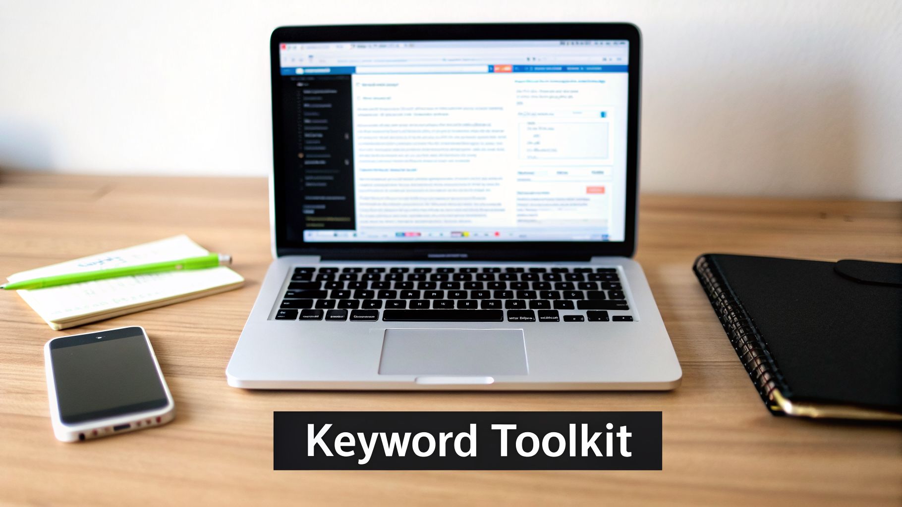 A laptop on a wooden desk with a notebook, pen, and smartphone, representing a keyword research toolkit.