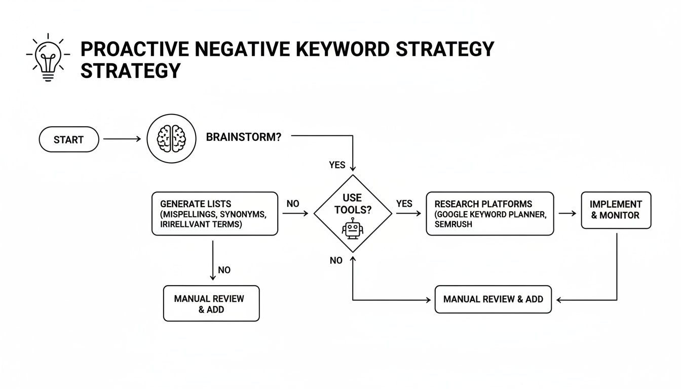 Flowchart outlining a proactive negative keyword strategy, covering brainstorming, tools, research, and monitoring.