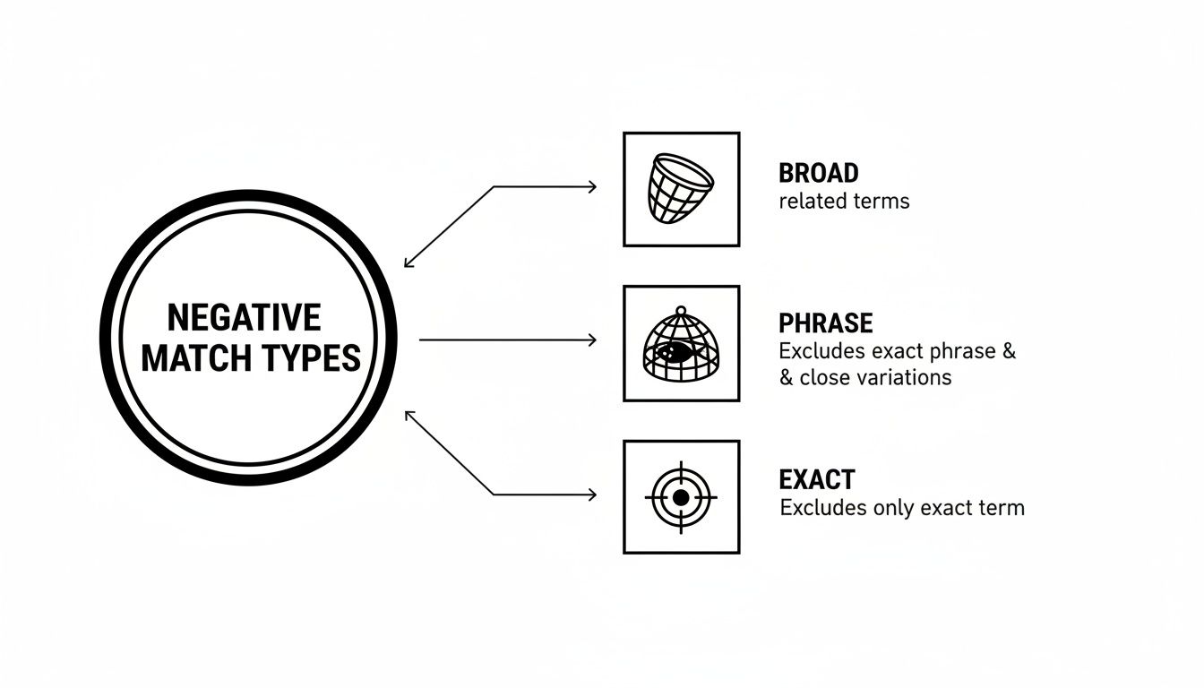 Diagram illustrating three negative match types for keywords: Broad, Phrase, and Exact, with definitions.