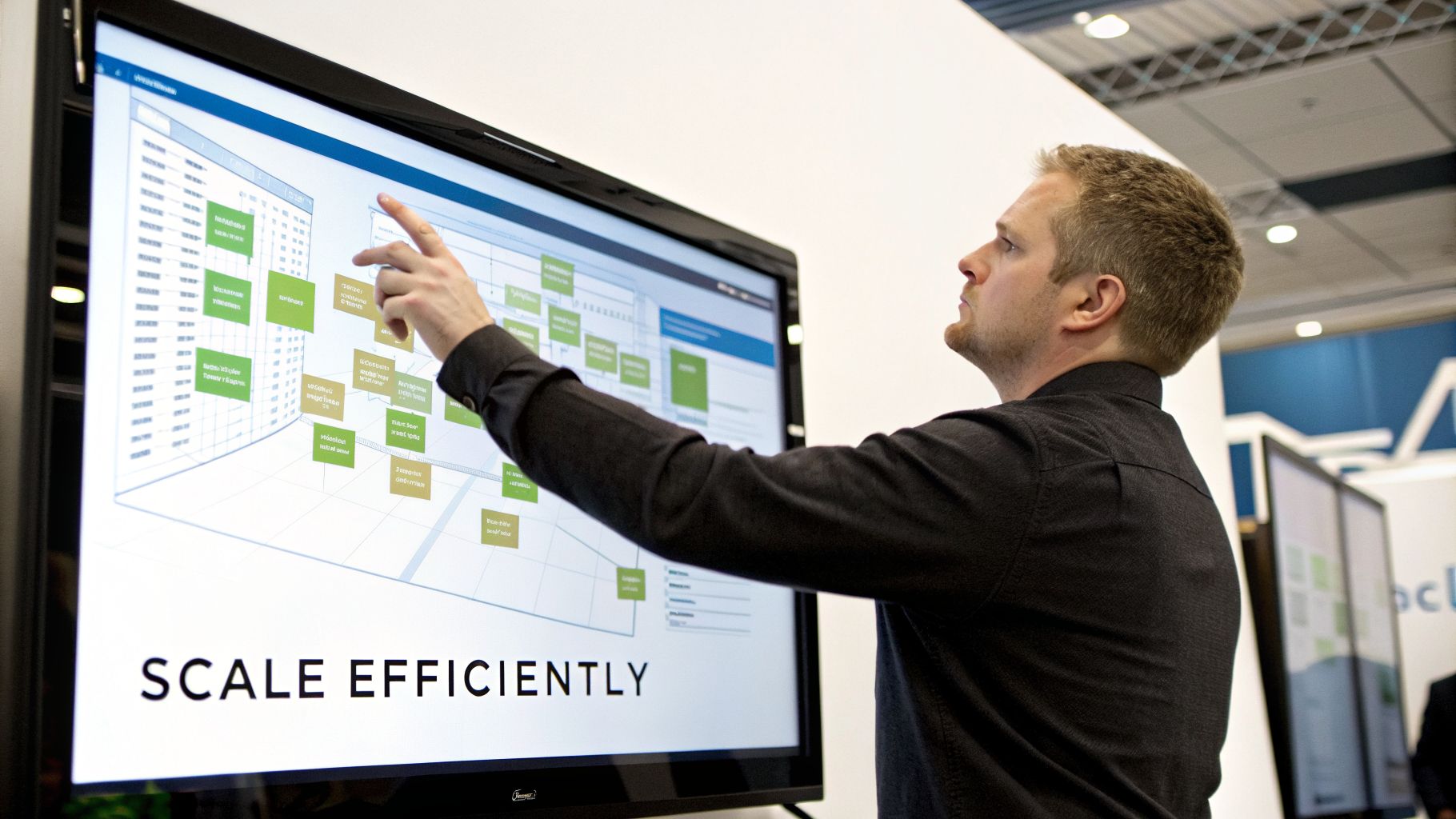 A man points at a large interactive display showing a business diagram with text 'SCALE EFFICIENTLY'.