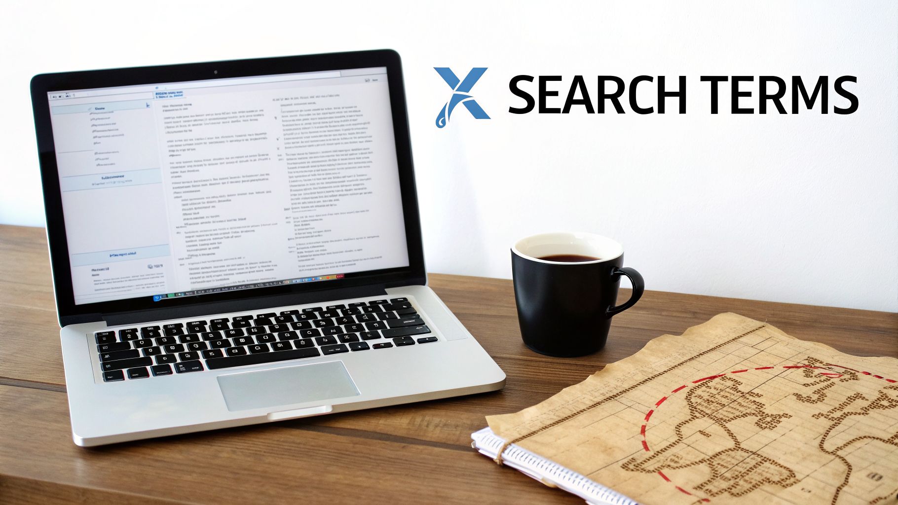 A laptop showing documents, a black coffee mug, and an old map on a wooden desk with 'X SEARCH TERMS' graphic.