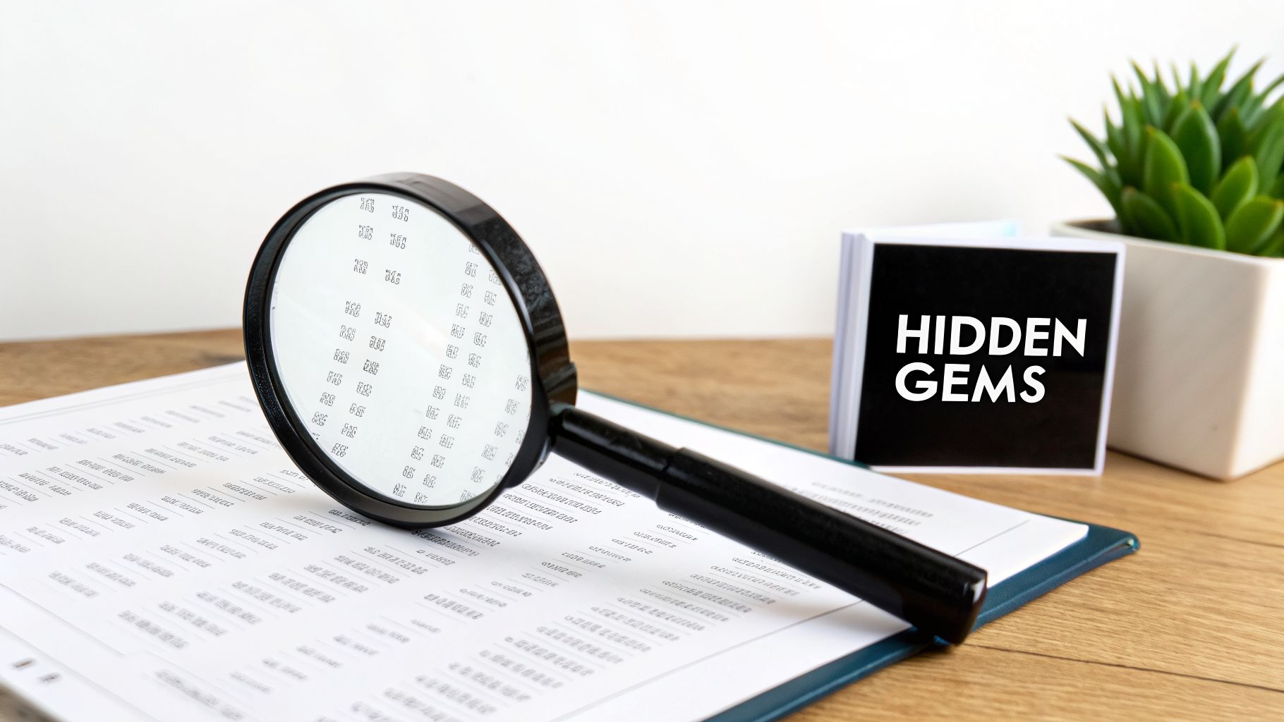 Magnifying glass on a report, next to cards with 'Hidden Gems', suggesting discovery and analysis.