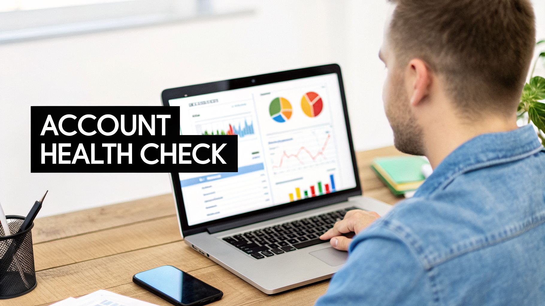 A man performing an account health check on a laptop, displaying charts and data.