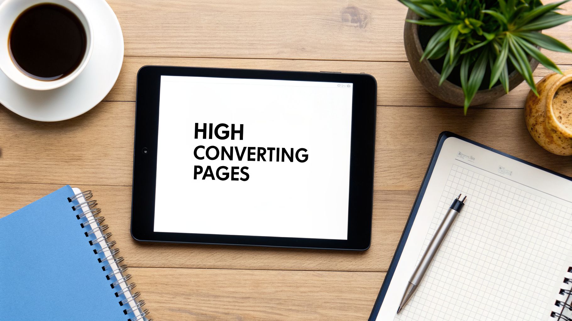 Overhead shot of a workspace with a tablet displaying 'High Converting Pages', coffee, notebook, and plant.