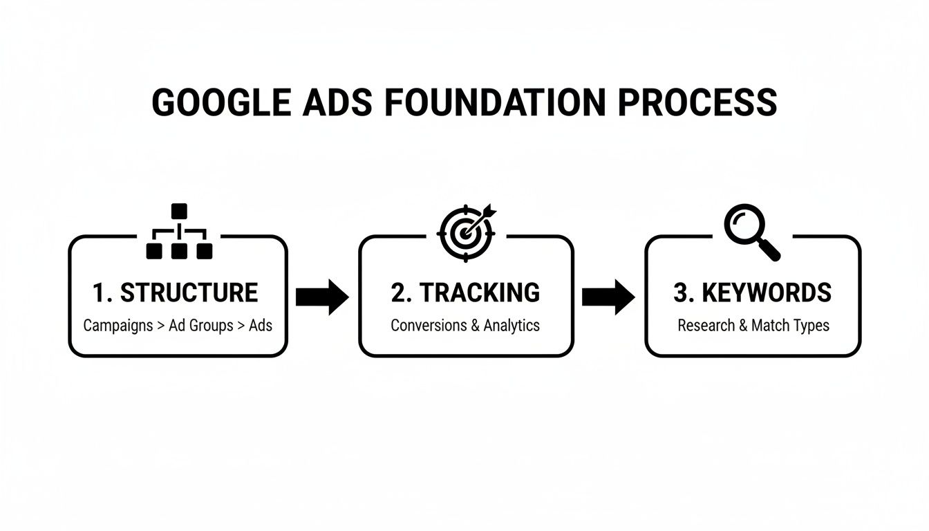 Diagram outlining the Google Ads foundation process, covering structure, tracking, and keywords.