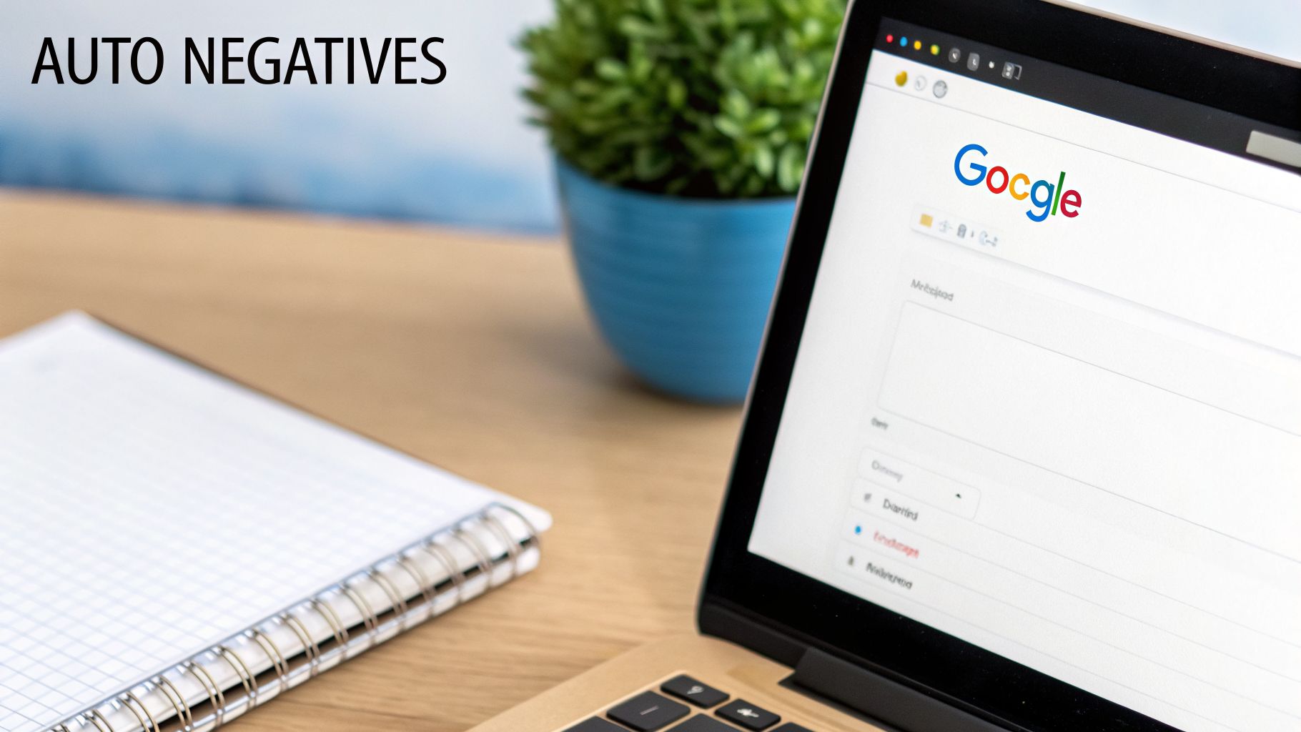 Desk setup with a laptop displaying a Google interface and 'AUTO NEGATIVES' text.