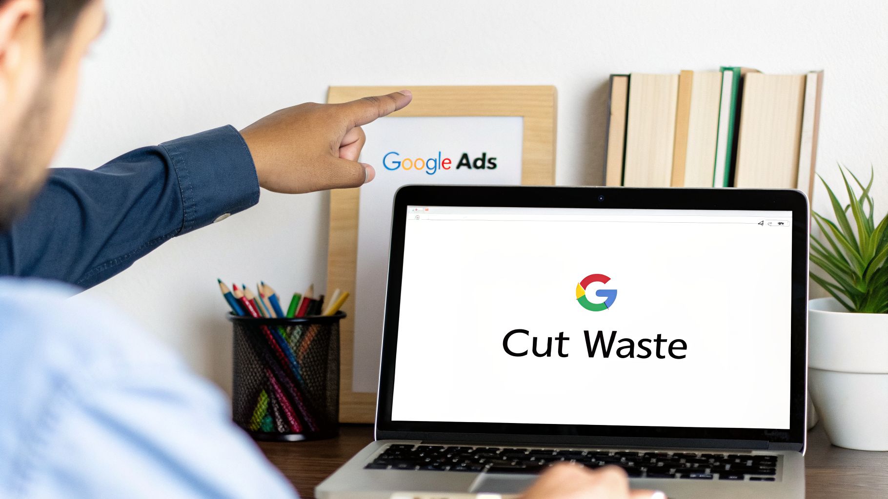 Person points at Google Ads sign, laptop shows 'Cut Waste' for ad efficiency.